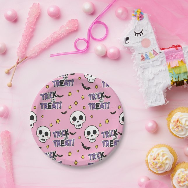 Prato De Papel Cute Skeletons Pink For Halloween (Festa)