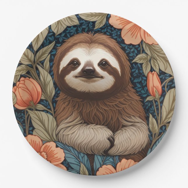 Prato De Papel Cute Sloth Elegant Floral William Morris Inspired (Frente)