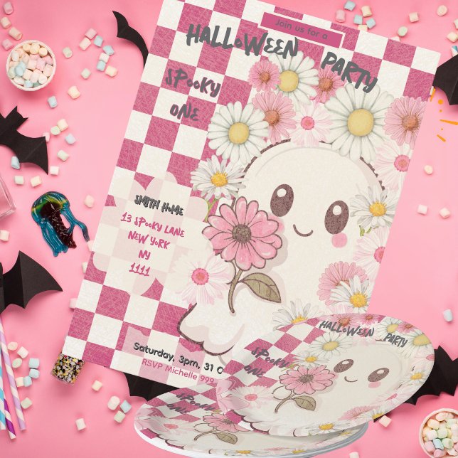 Prato De Papel Cute Spooky Rosa Daisy Halloween Convite (Criador carregado)