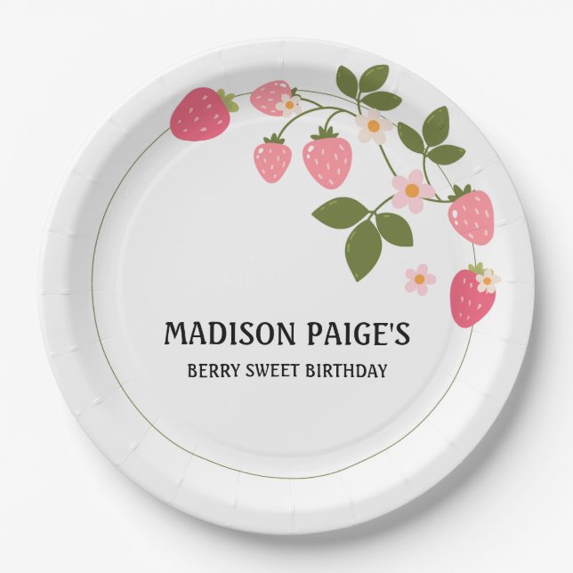 Prato De Papel Cute Strawberry Pink Girls Birthday Paper Plate (Frente)