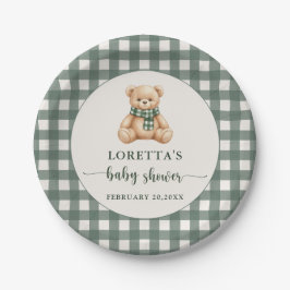 Prato De Papel Cute Teddy Bear Green Plaid Baby Shower