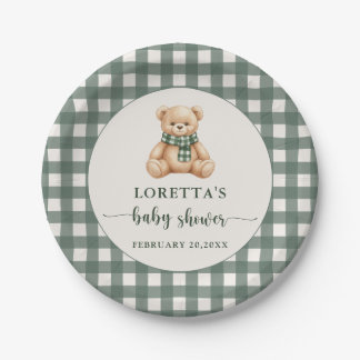 Prato De Papel Cute Teddy Bear Green Plaid Baby Shower