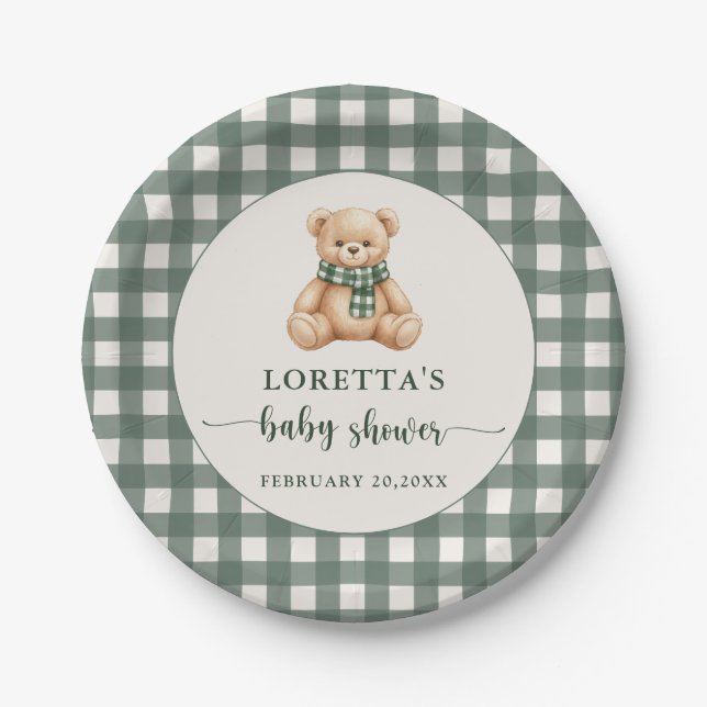 Prato De Papel Cute Teddy Bear Green Plaid Baby Shower (Frente)