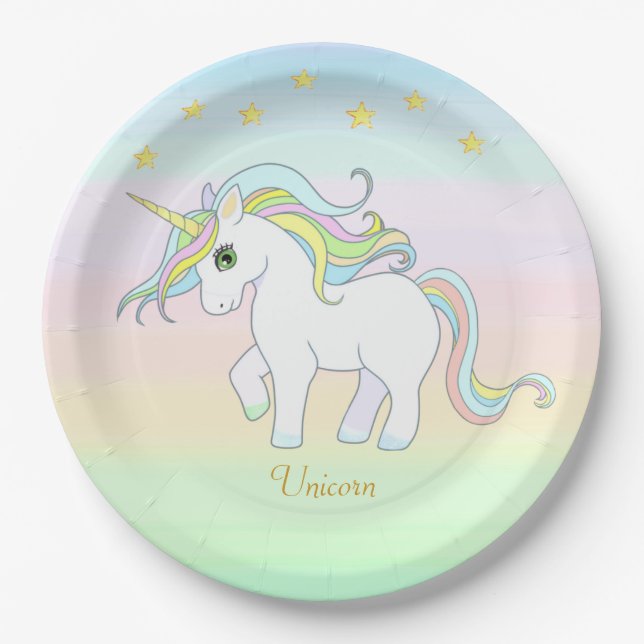 Prato De Papel Cute Unicórnio & Estrelas em Cores Pastel (Frente)
