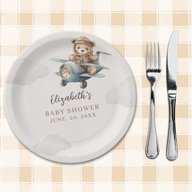 Prato De Papel Cute Watercolor Bear Baby Shower party (Criador carregado)