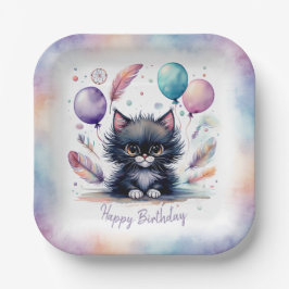 Prato De Papel Cute Watercolor Black Kitten Balloons Birthday 