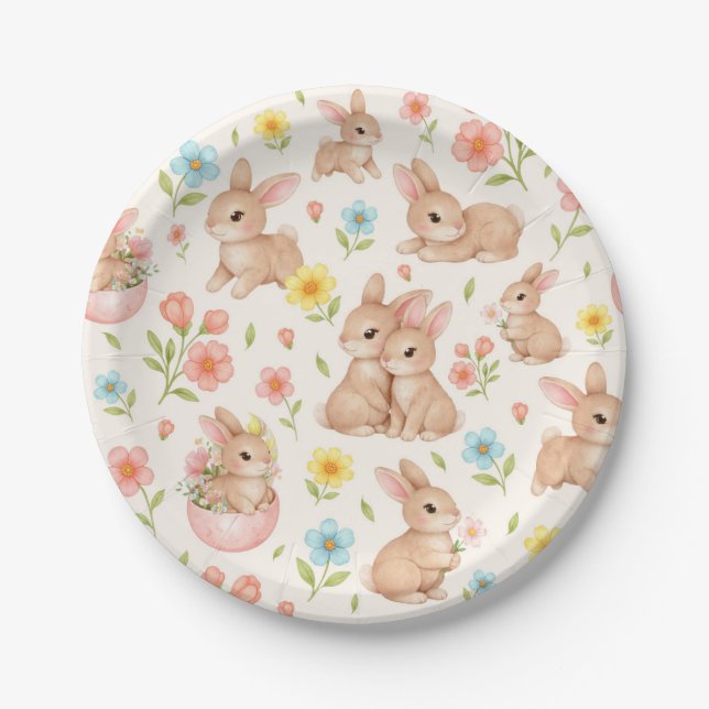 Prato De Papel Cute Watercolor Bunnies & Flowers Pattern (Frente)