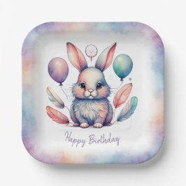 Prato De Papel Cute Watercolor Bunny Rabbit Balloons Birthday