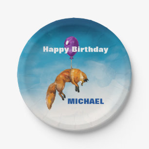 Prato De Papel Cute Watercolor Fox Happy Birthday Personalizado