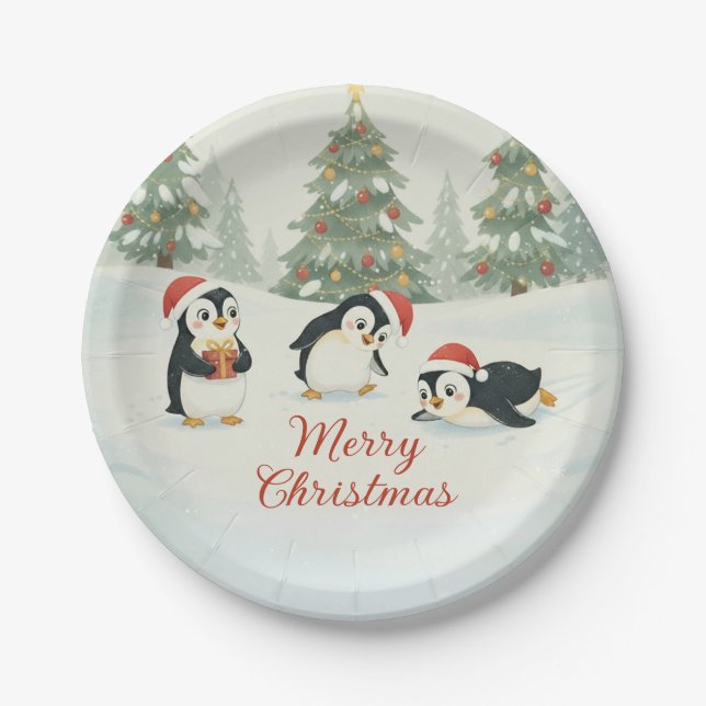 Prato De Papel Cute Watercolor Penguins Christmas Forest (Frente)