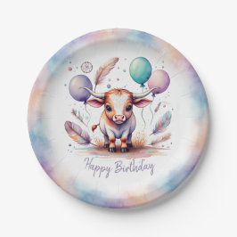 Prato De Papel Cute Watercolor Texas Longhorn Balloons Birthday 