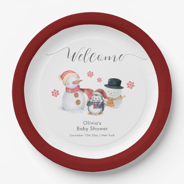 Prato De Papel Cute Winter Penguin Snowman Baby Shower Welcome  (Frente)
