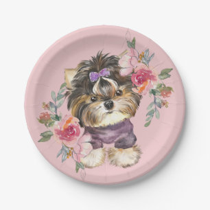 Prato De Papel Cute Yorkshire Terrier Yorkie e flores 