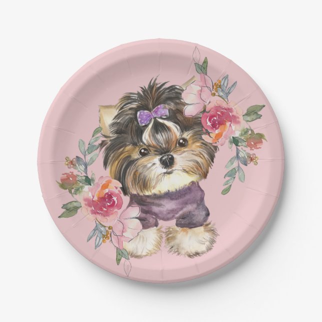Prato De Papel Cute Yorkshire Terrier Yorkie e flores  (Frente)