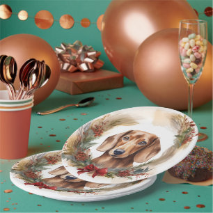 Prato De Papel Dachshund Christmas Wreath Festivo Pup