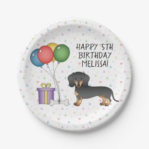 Prato De Papel Dachshund de Cabelo Curto Preto e Castanho Feliz A