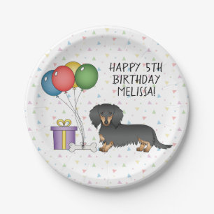 Prato De Papel Dachshund de Cabelo Longo Preto e Castanho Feliz A
