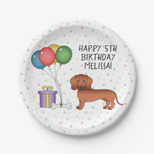 Prato De Papel Dachshund de pelo liso vermelho Feliz aniversário