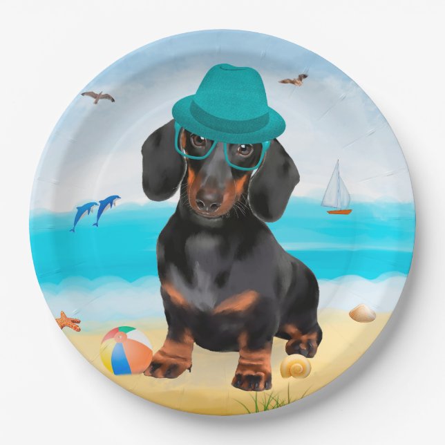 Prato De Papel Dachshund Dog em Beach (Frente)