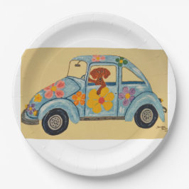 Prato De Papel Dachshund em carro hippie