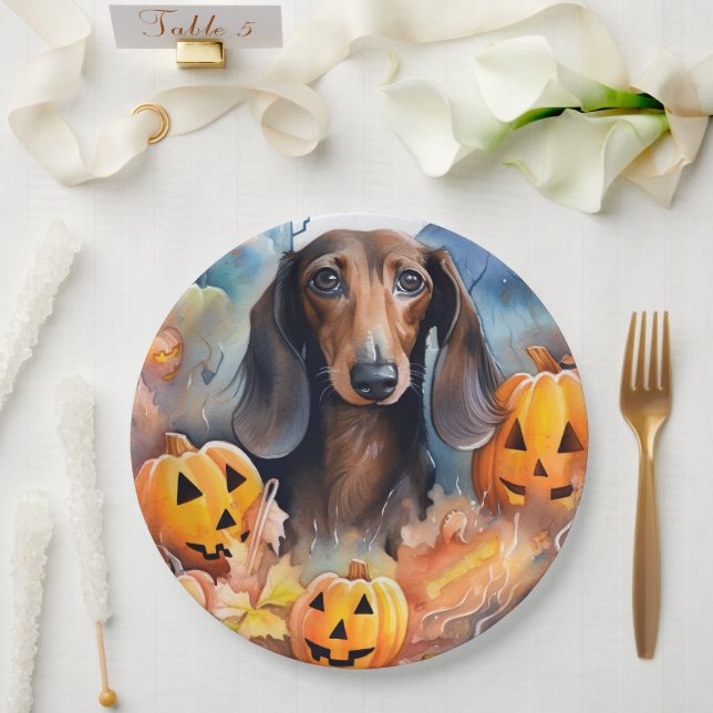 Prato De Papel Dachshund Halloween Com Pumpkins Assustado (Casamento)