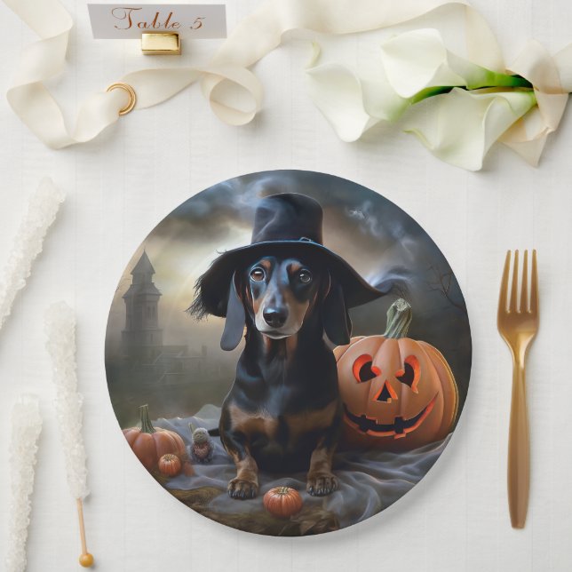 Prato De Papel Dachshund Halloween Scary (Casamento)