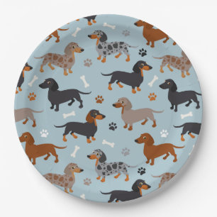 Prato De Papel Dachshund Paws e Ossos - Azul