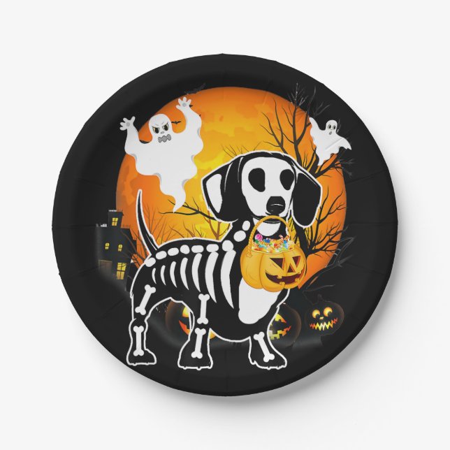 Prato De Papel Dachshund Skeleton Halloween Happy Pumpkin Gift (Frente)