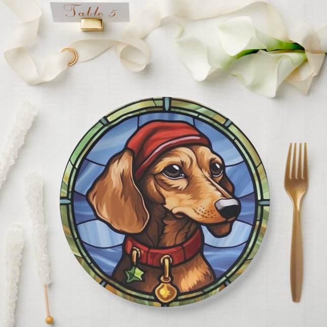 Prato De Papel Dachshund Stainha Glass Christmas (Casamento)