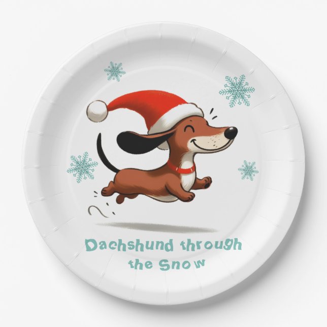Prato De Papel Dachshund through the Snow puppy dog Christmas (Frente)