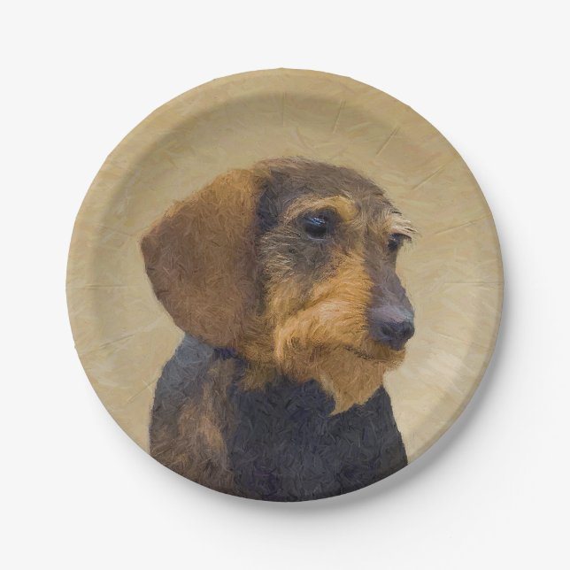Prato De Papel Dachshund (Wirehaired) Pintura Original para Cacho (Frente)