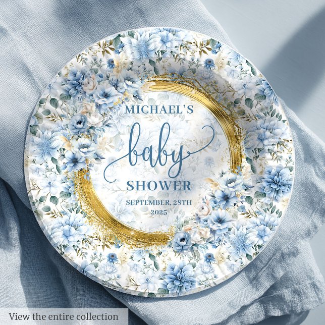 Prato De Papel Daîboho pastel flores azuis douradas personalizada (Dainty boho pastel blue flowers gold personalized Paper Plates)