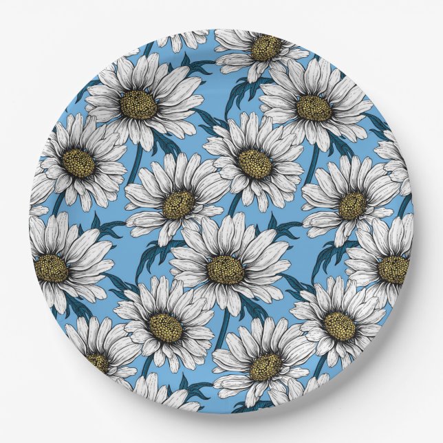 Prato De Papel Daisies, flores silvestres em azul (Frente)