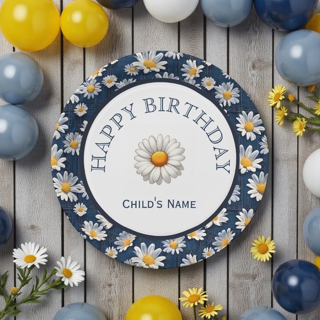 Prato De Papel Daisies on Blue Denim Birthday  (Criador carregado)