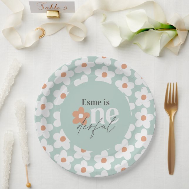 Prato De Papel Daisy Boho retro turquoise laranja (Casamento)