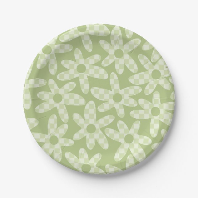 Prato De Papel Daisy Check Sage Green Retro Modern Pattern (Frente)