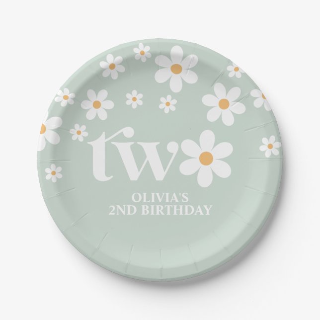 Prato De Papel Daisy floral segundo aniversário (Frente)