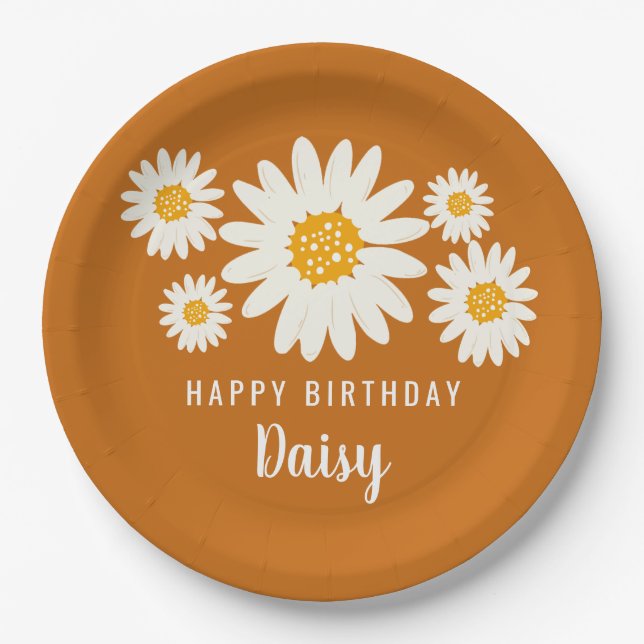 Prato De Papel Daisy name feliz aniversário party boho flower des (Frente)