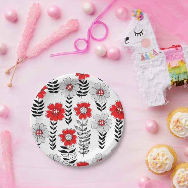 Prato De Papel Daisy rabiscos em vermelho e preto (Festa)