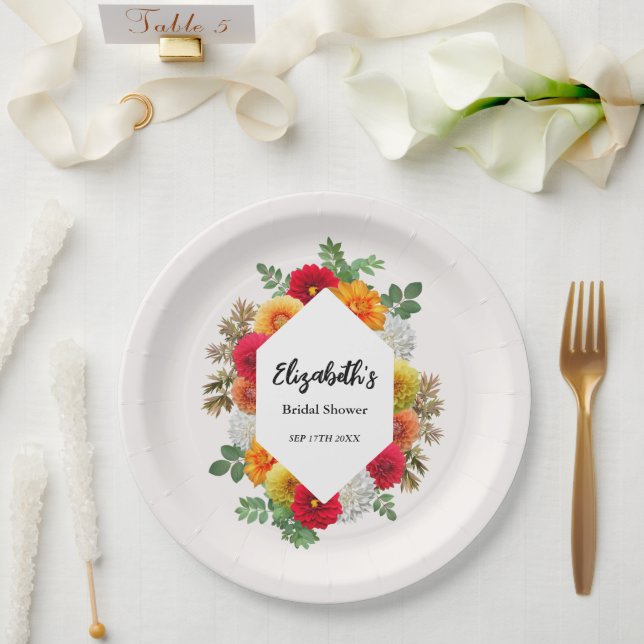 Prato De Papel Dália Floral de Outono no Chá de Noiva (Casamento)