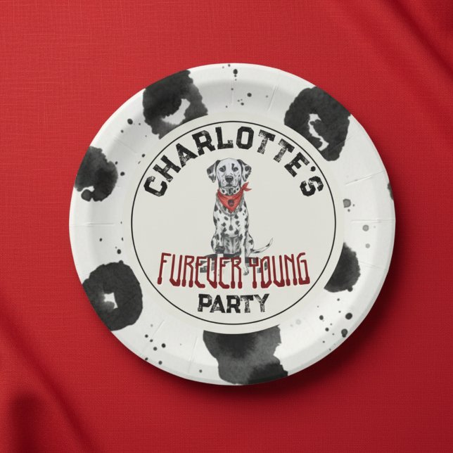 Prato De Papel Dalmaciano Fuere Young primeiro aniversario Pawty (Celebrate your headliner's special day with this Dalmatian Furever Young 1st Birthday Pawty Plate!)