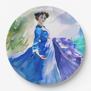 Prato De Papel Dama em Vestido Azul - Pintura em Aquarela