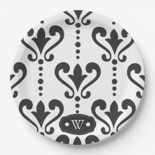 Prato De Papel Damasco branco e preto monograma