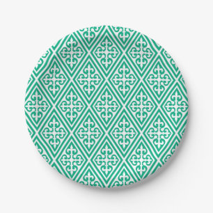 Prato De Papel Damasco medieval cruzado - Turquesa e Branco