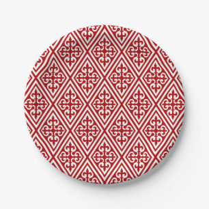 Prato De Papel Damasco medieval cruzado - vermelho profundo e bra