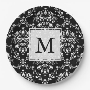 Prato De Papel Damasco Personalizado Preto e Branco