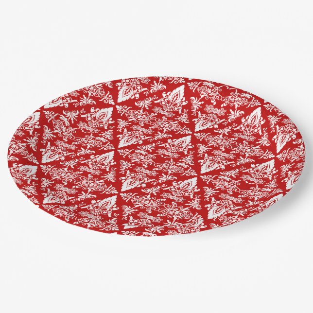 Prato De Papel Damask 01 Red-White Party Plates (Inclinado)