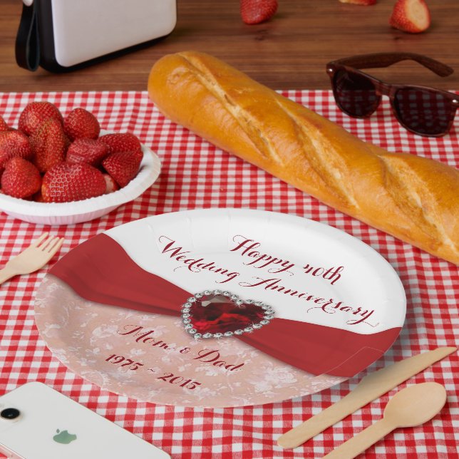 Prato De Papel Damask 40th Wedding Anniversário Plate (Piquenique)