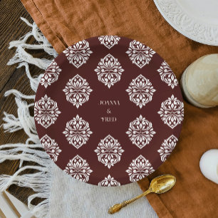 Prato De Papel Damask Elegant Classic Mahogany Red Wedds Plates