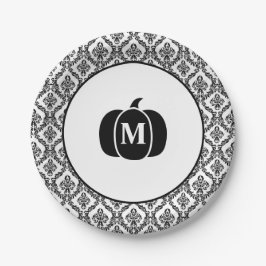 Prato De Papel Damask Glam Monograma Halloween Pumpkin